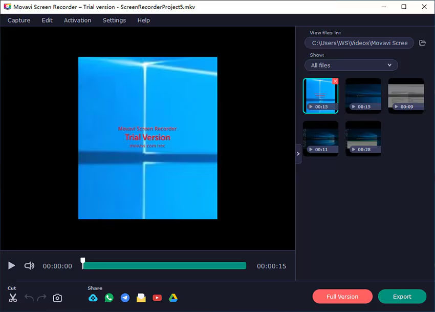 Schnittstelle von Movavi Screen Recorder - ein effektiver Bildschirmrekorder, der interne Audiodaten auf dem PC aufzeichnet