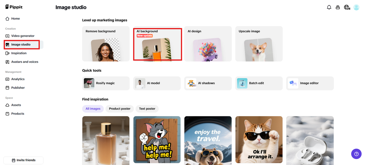 I-access ang AI background at i-upload ang larawan ng iyong produkto