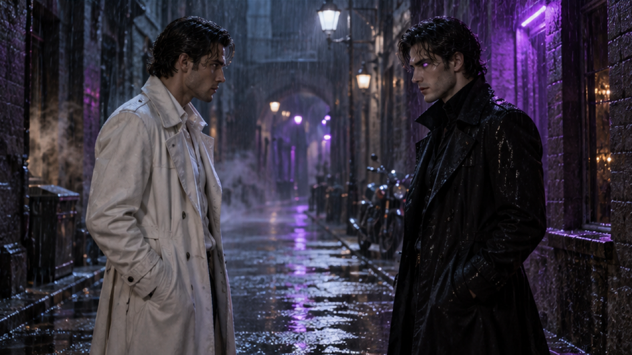 An adult in a light jacket facing their dark double in a rain-soaked neon alley, double has violet irises and black tailored coat