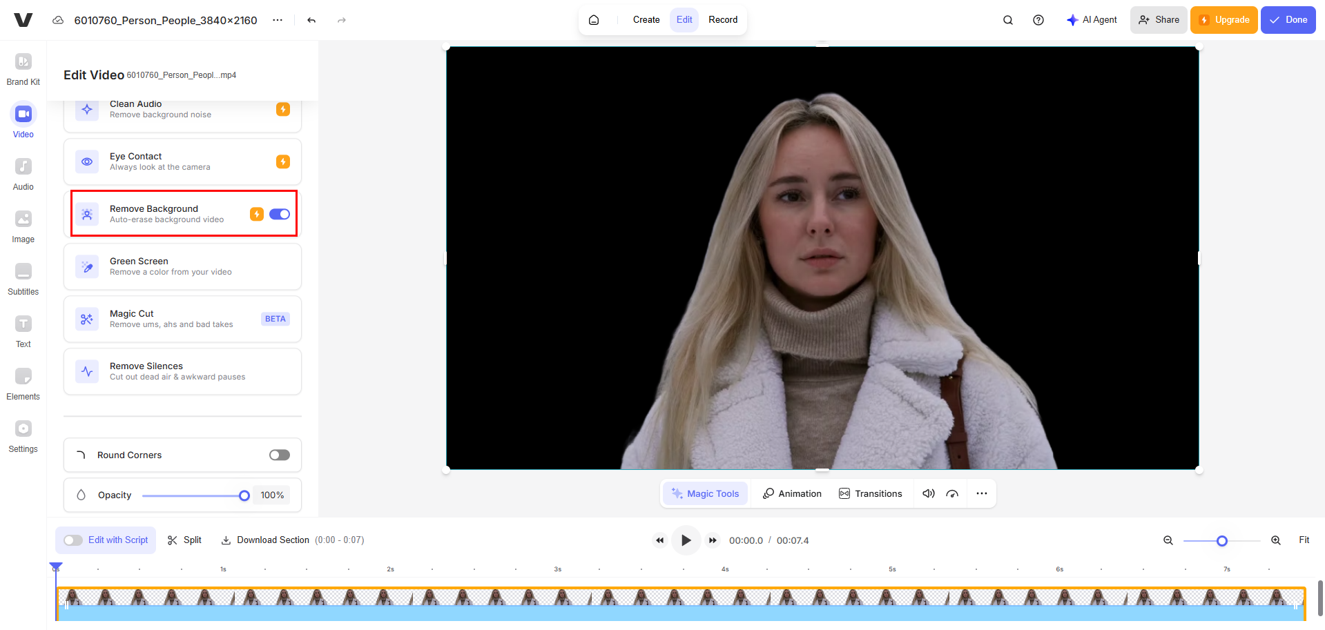 VEED.IO is a web-based video editing tool that has an intelligent video background editor