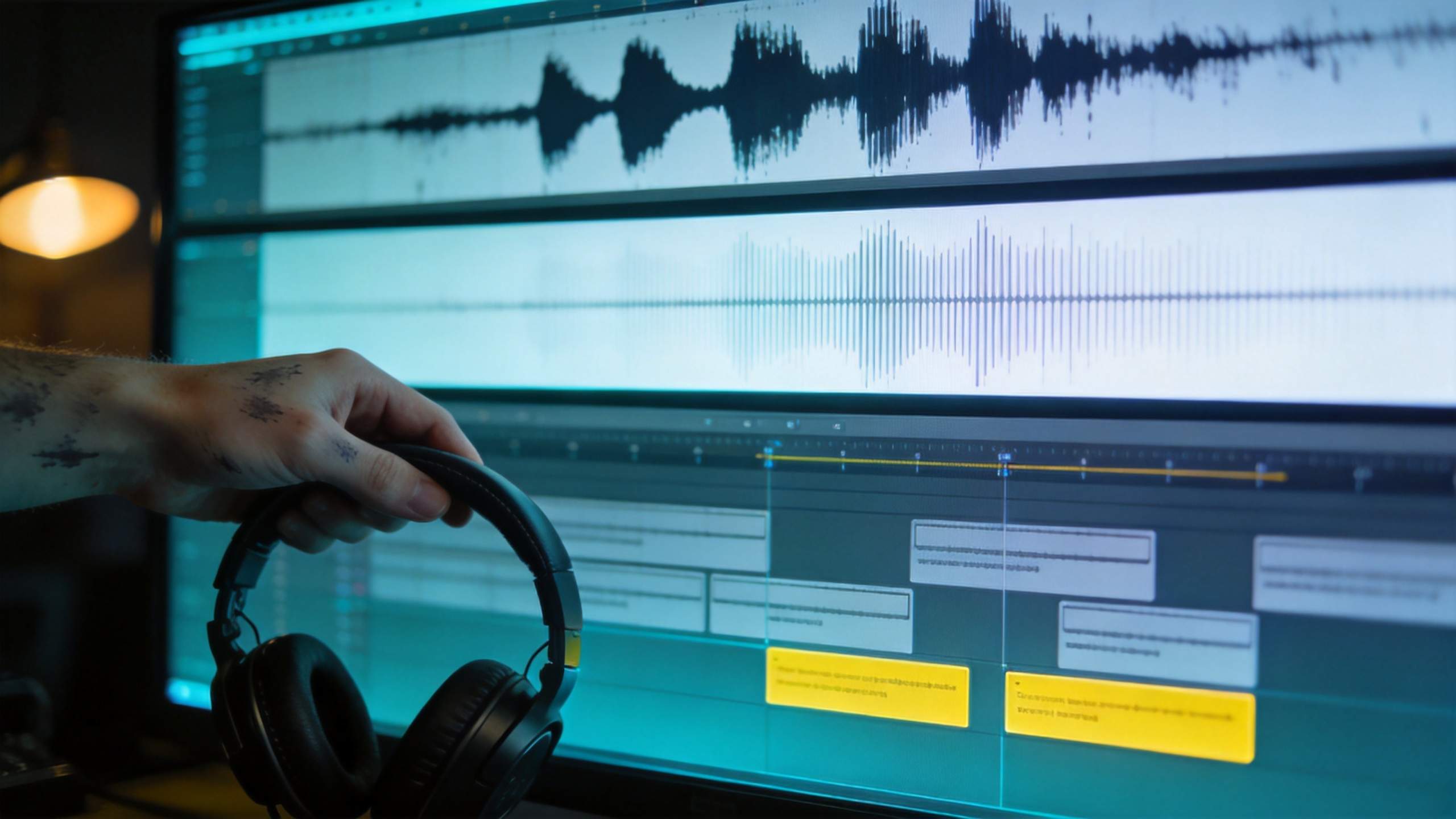 Hand holding headphones in front of a video editor timeline with audio waveforms