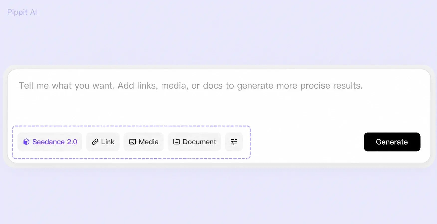 Pippit AI prompt box with options for link, media, document, and a Generate button