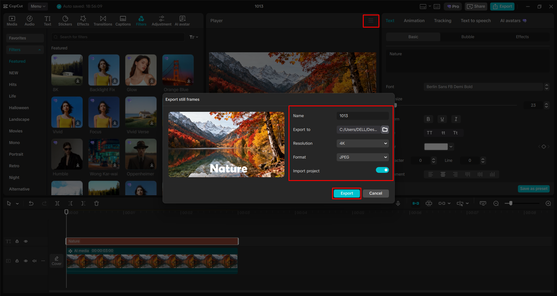 Exporting the image from the CapCut desktop video editor