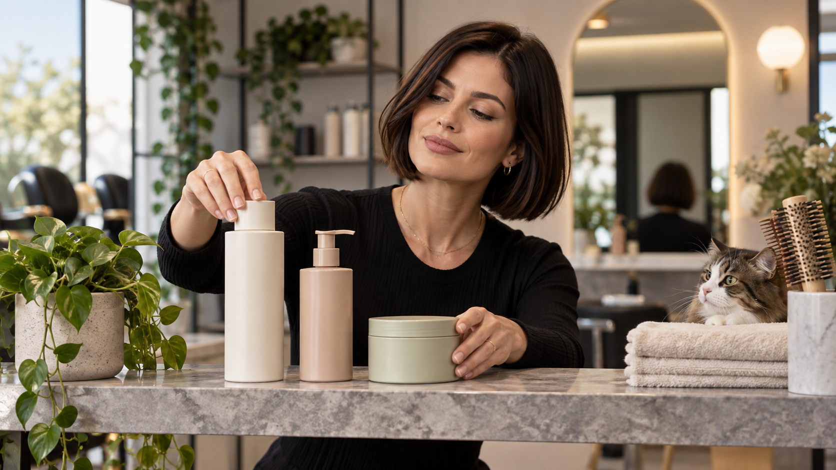 A creator with a chic bob arranging three unbranded hair-care products