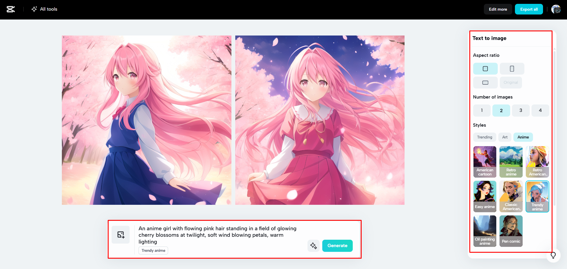 Creating the image with AI in CapCut Web