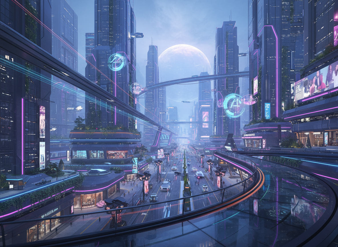 Passeggiata cittadina futuristica con rivelazioni in stile gru, foschia profonda e accenti al neon.