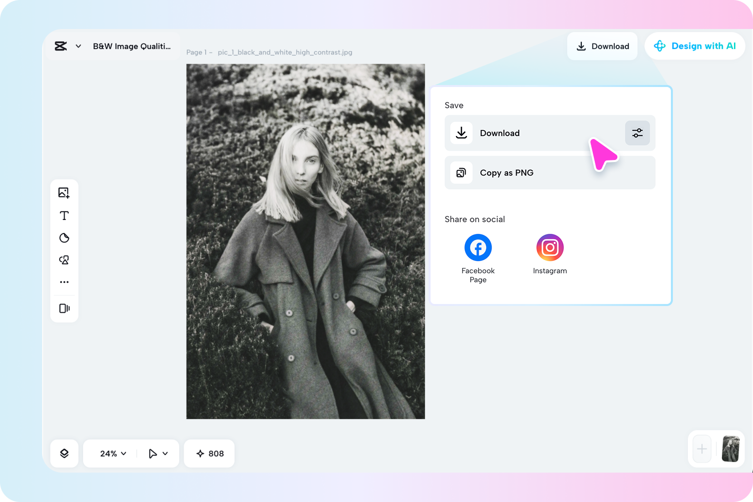 Exporting the final black and white image from CapCut