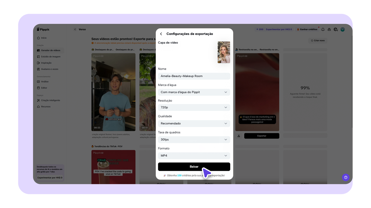 Editor de video online exportando vídeo redimensionado