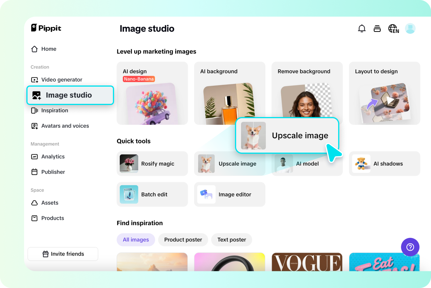 Opening Upscale image tool in Pippit