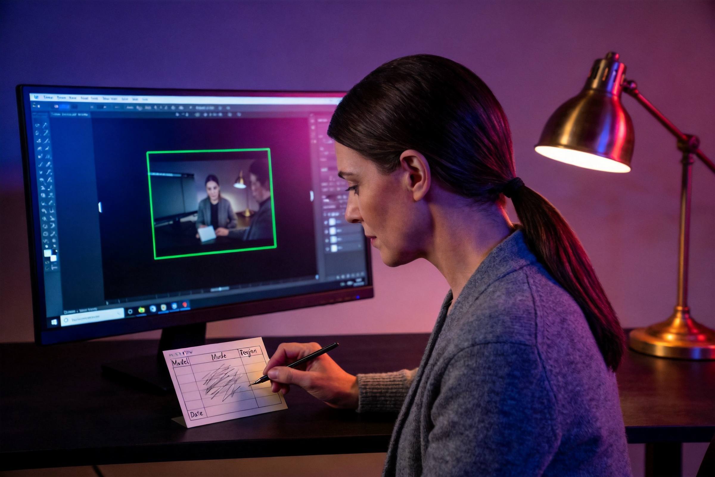 Woman reviews a video edit on a monitor while taking notes on a checklist