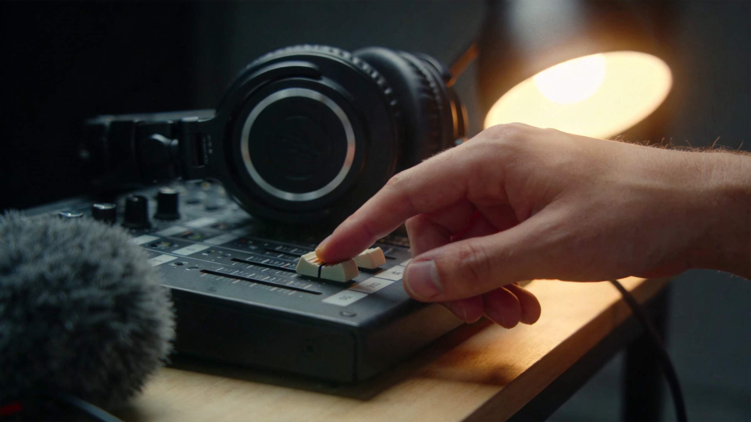 Hand adjusting sliders on an audio mixer beside headphones and a microphone