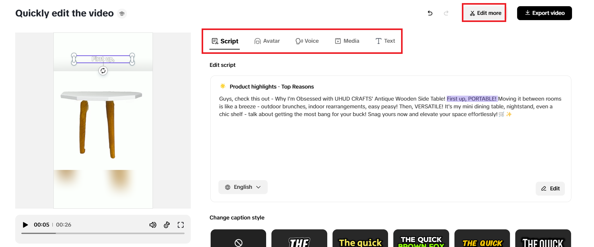Quick editing options