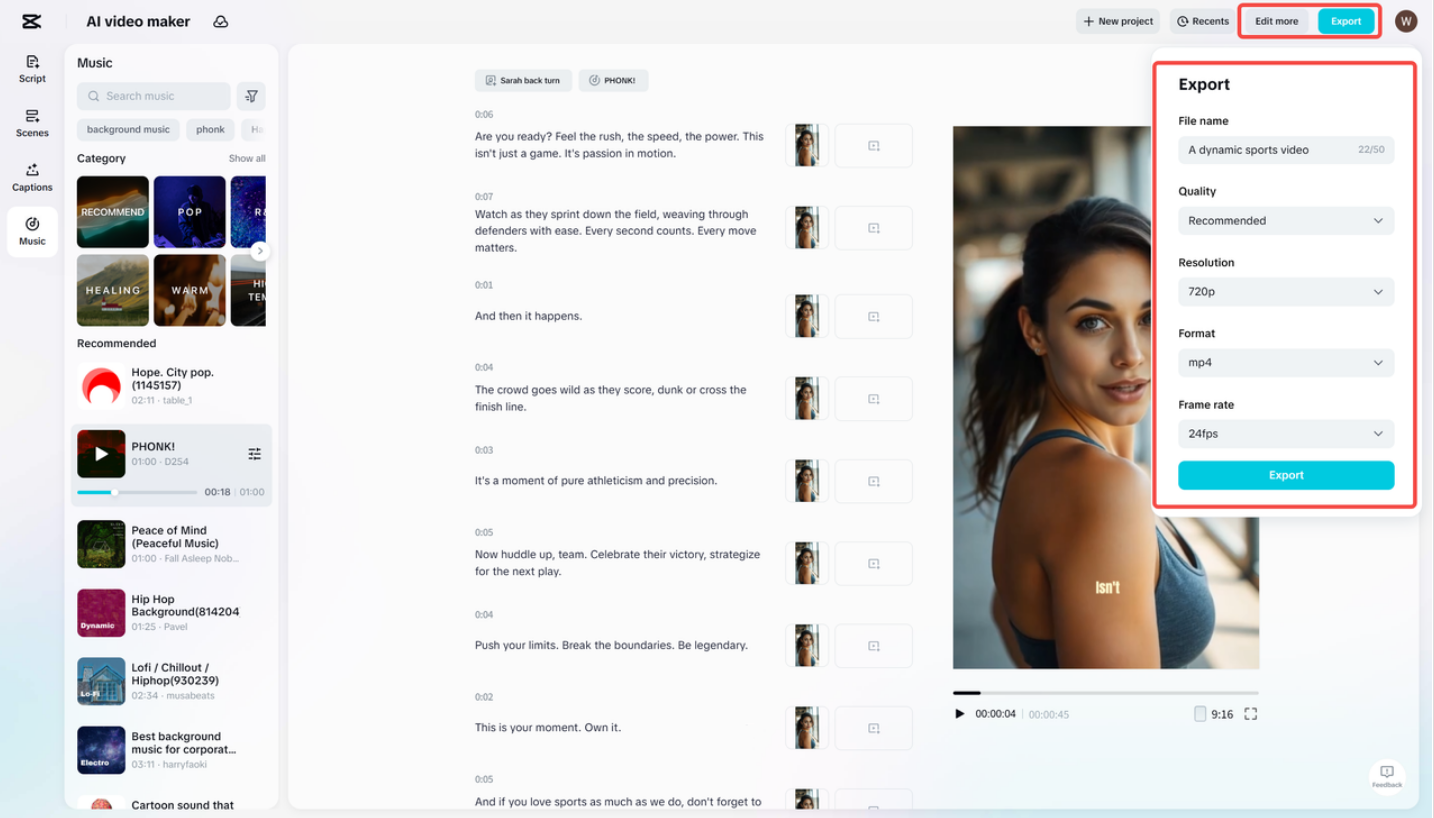Exporting the final video from CapCut's AI video maker