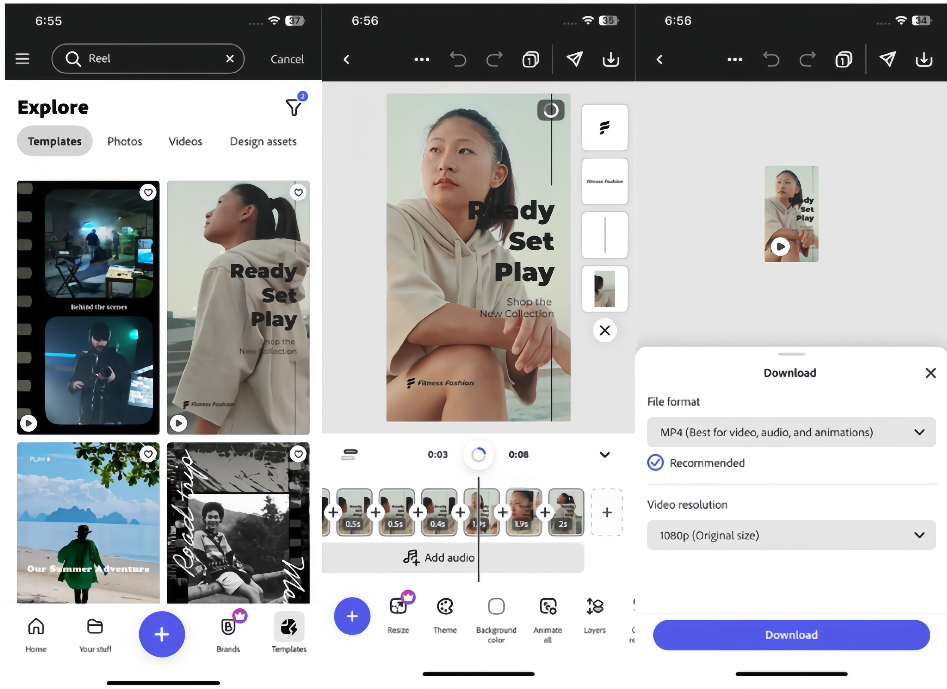 Interface d'Adobe Express - une application conviviale de modèles de vidéos courtes