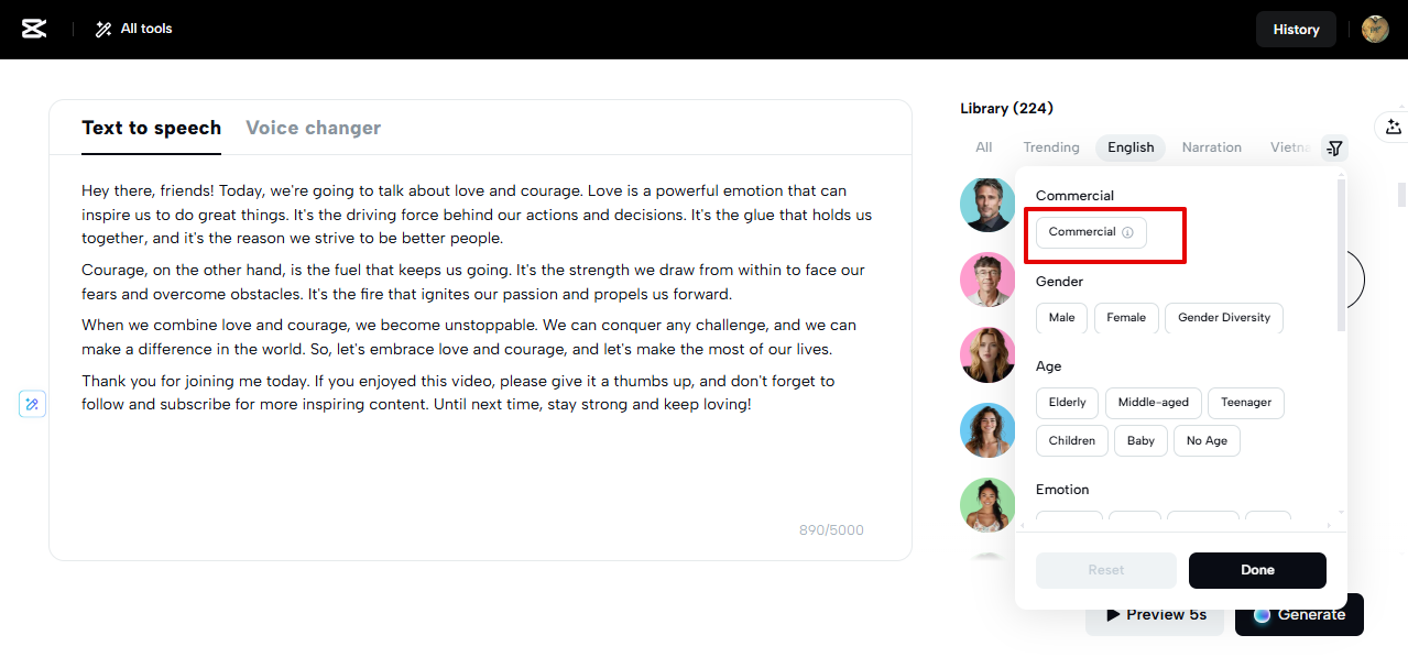 CapCut Web's British voice for commercial use