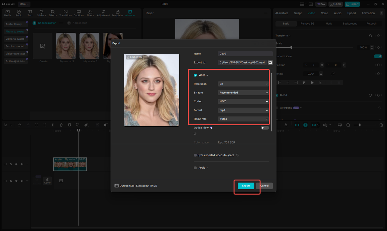Export the high quality avatar video