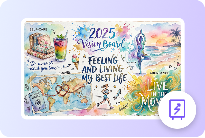 Vision board displaying travel plans, career aims, and personal goals