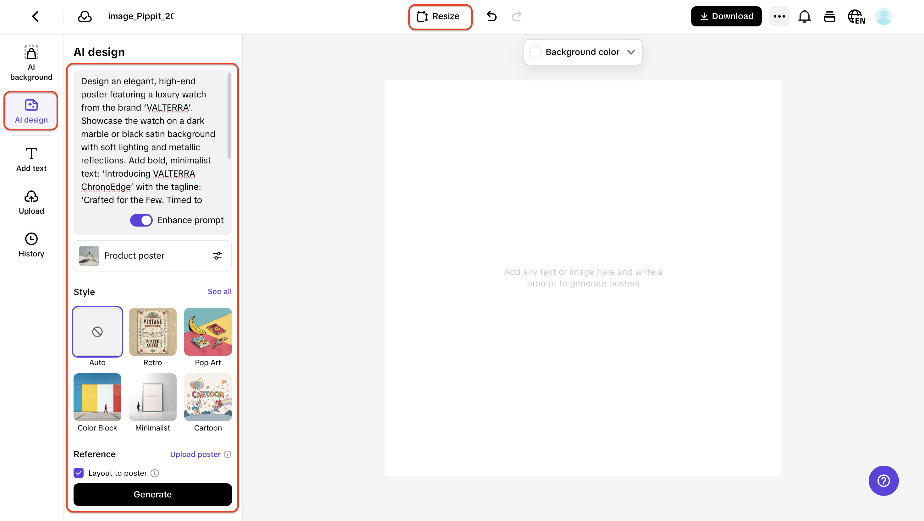 Enter prompt and generate your design