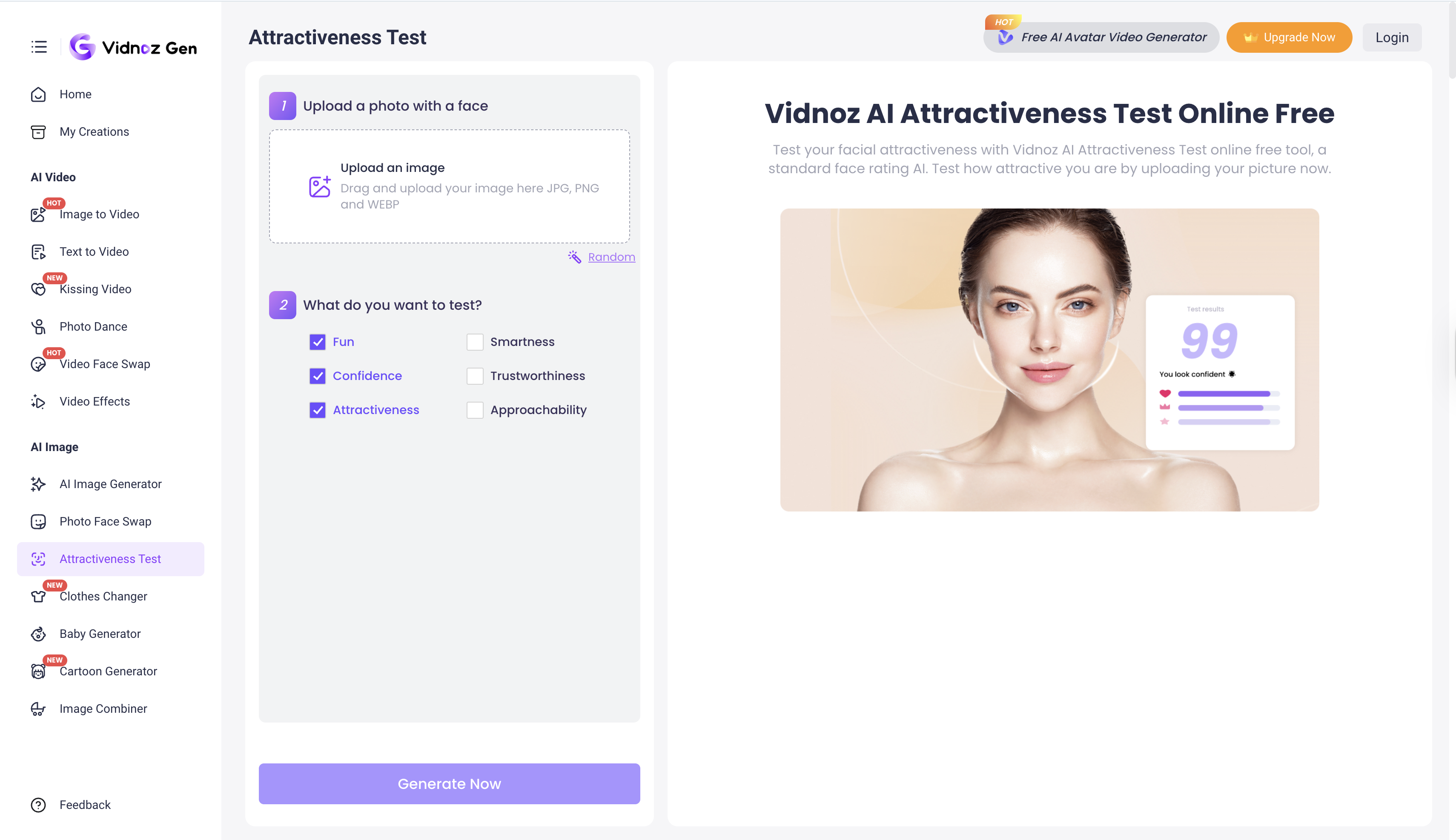 Vidnoz AI Attractiveness Test interface