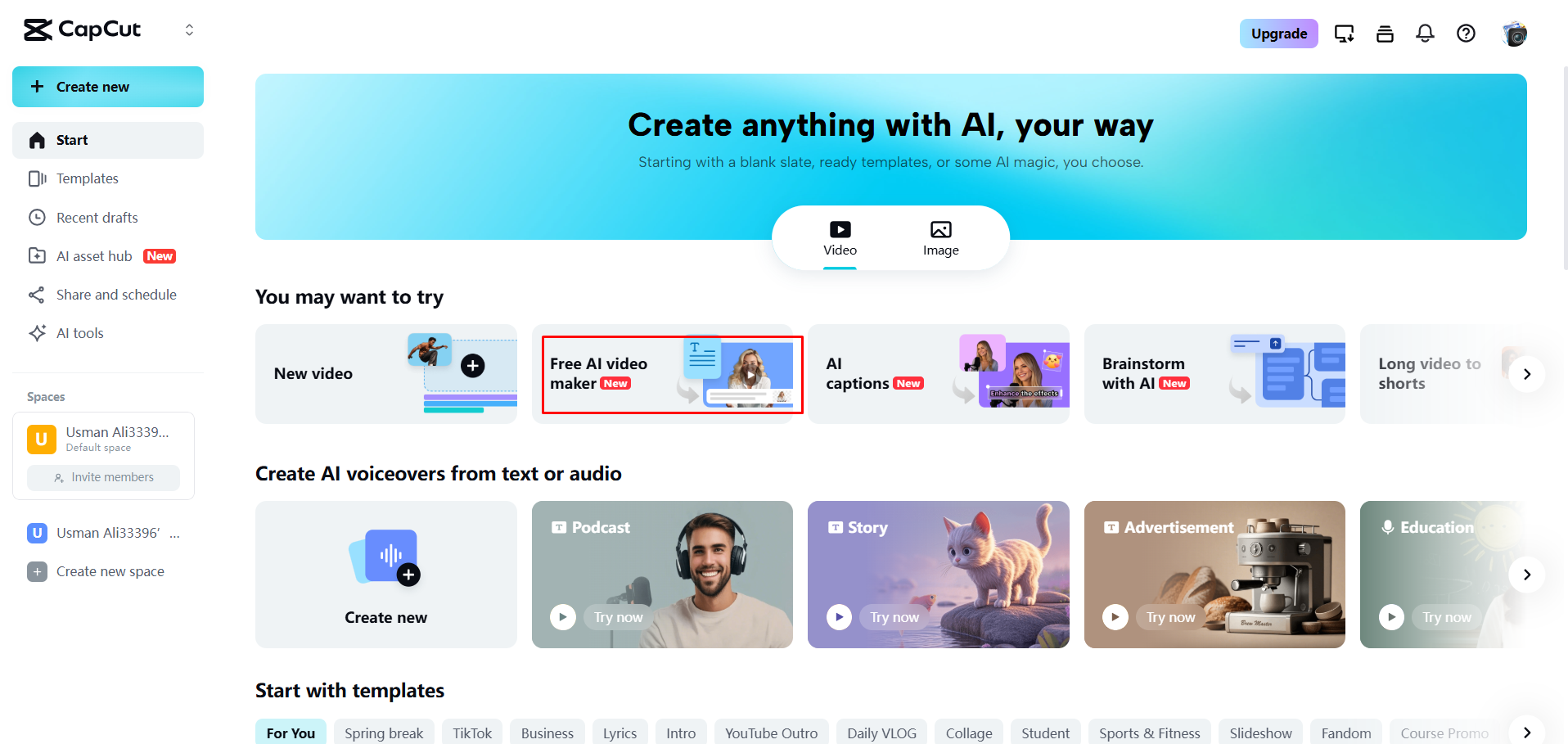 Opening CapCut Web's AI video maker
