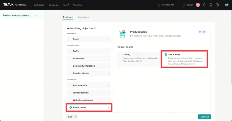 Choose Product Sales as your campaign objective