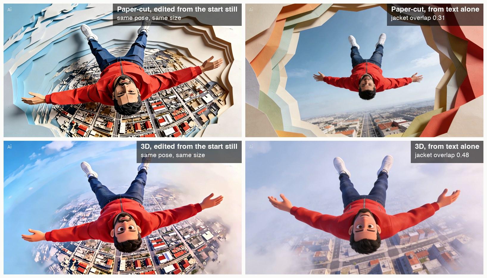Two pairs of images: a paper-cut falling man edited from the still next to a text-only version where a smaller photographic man falls inside a frame of colored paper; a 3D falling man edited from the still next to a text-only 3D man with raised arms and a different face.