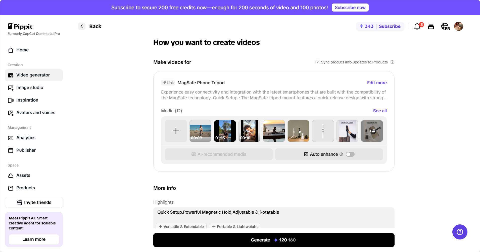 One-click video solution in Pippit