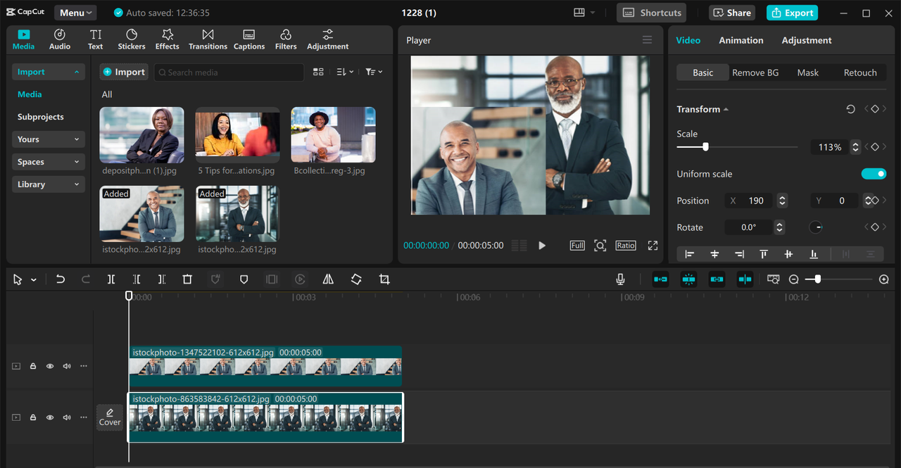Rozhraní editoru CapCut pro stolní video - jednoduchý způsob, jak spojit obrázky dohromady