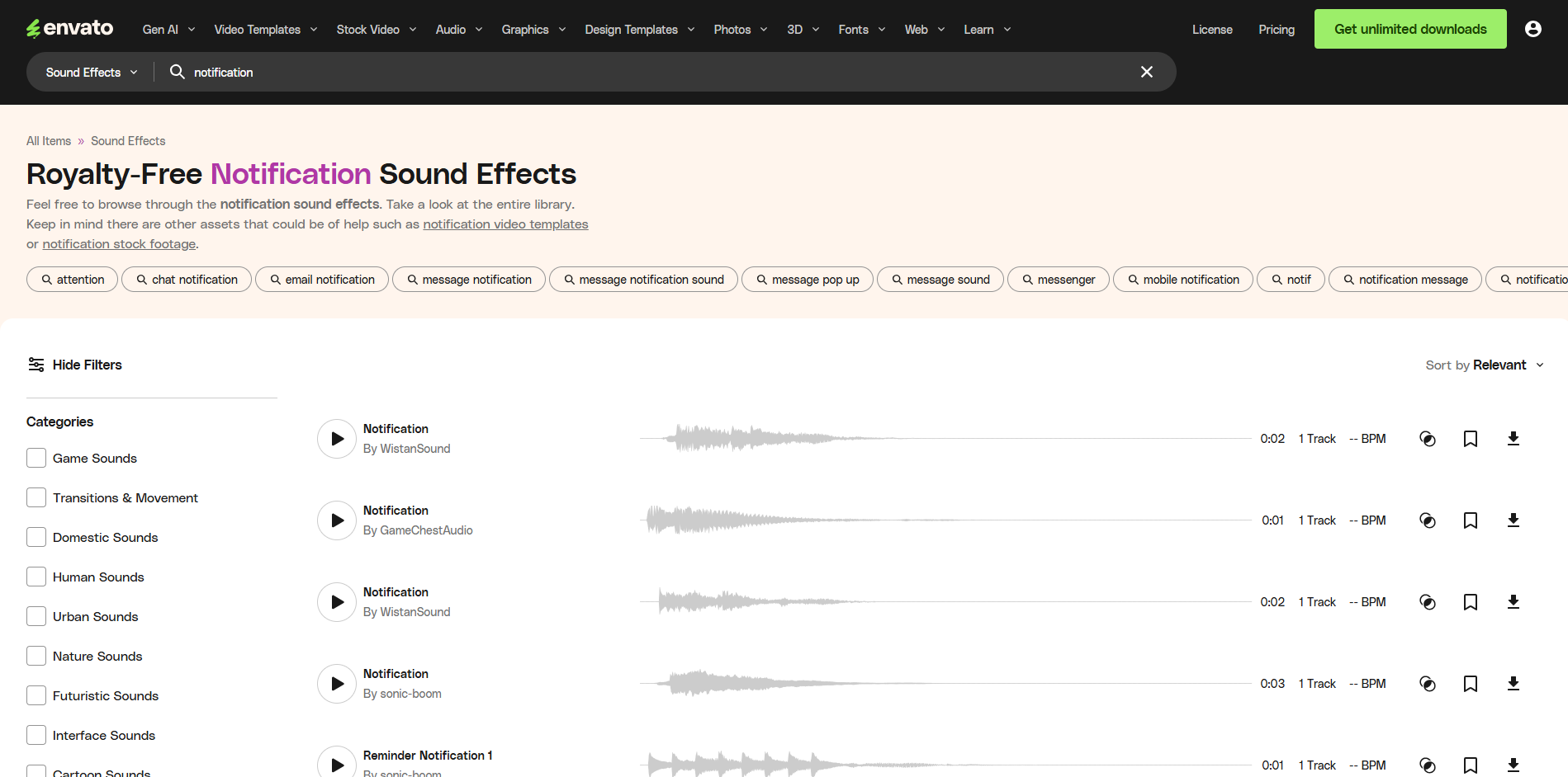 Interface of Evato - a website with diverse notification sound effects