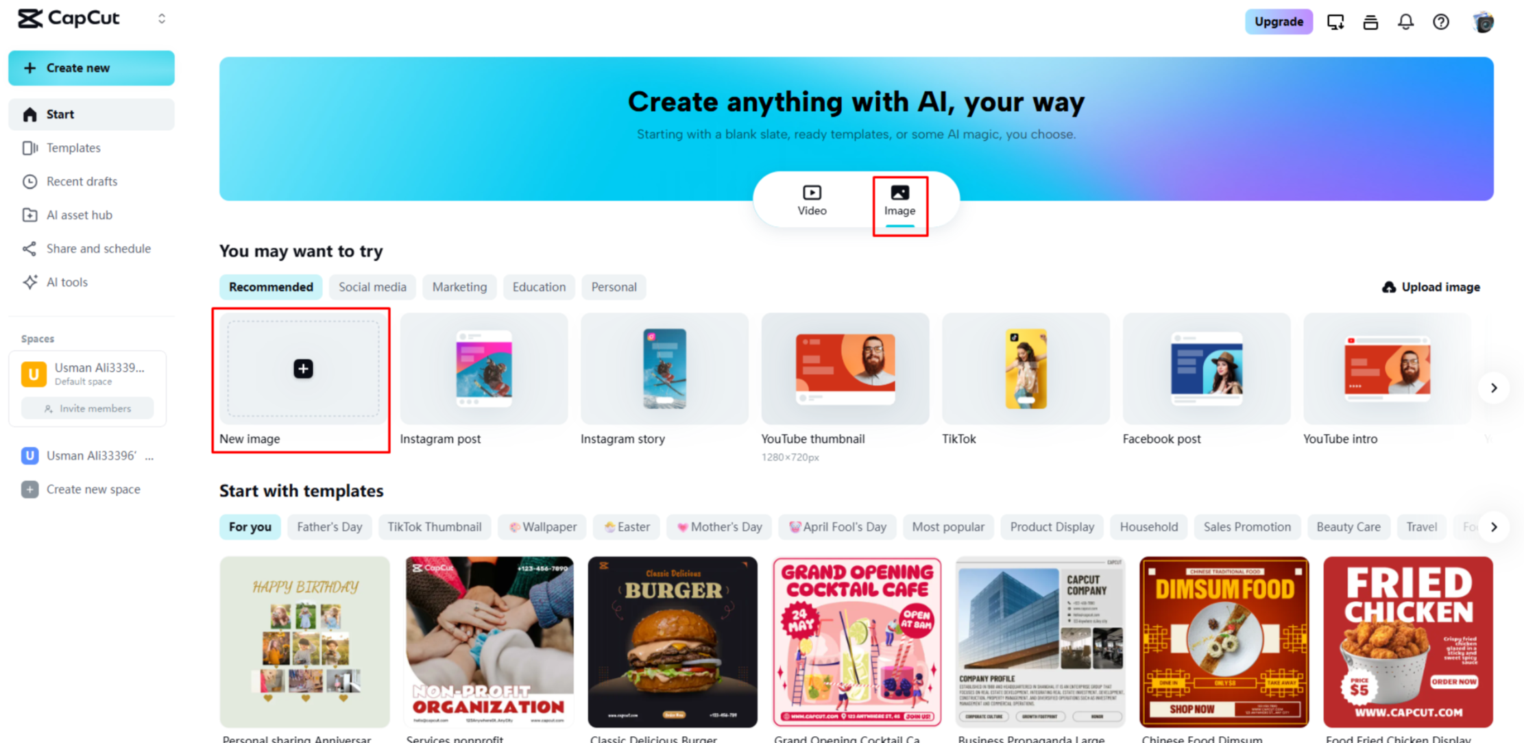 Uploading an image to CapCut Web