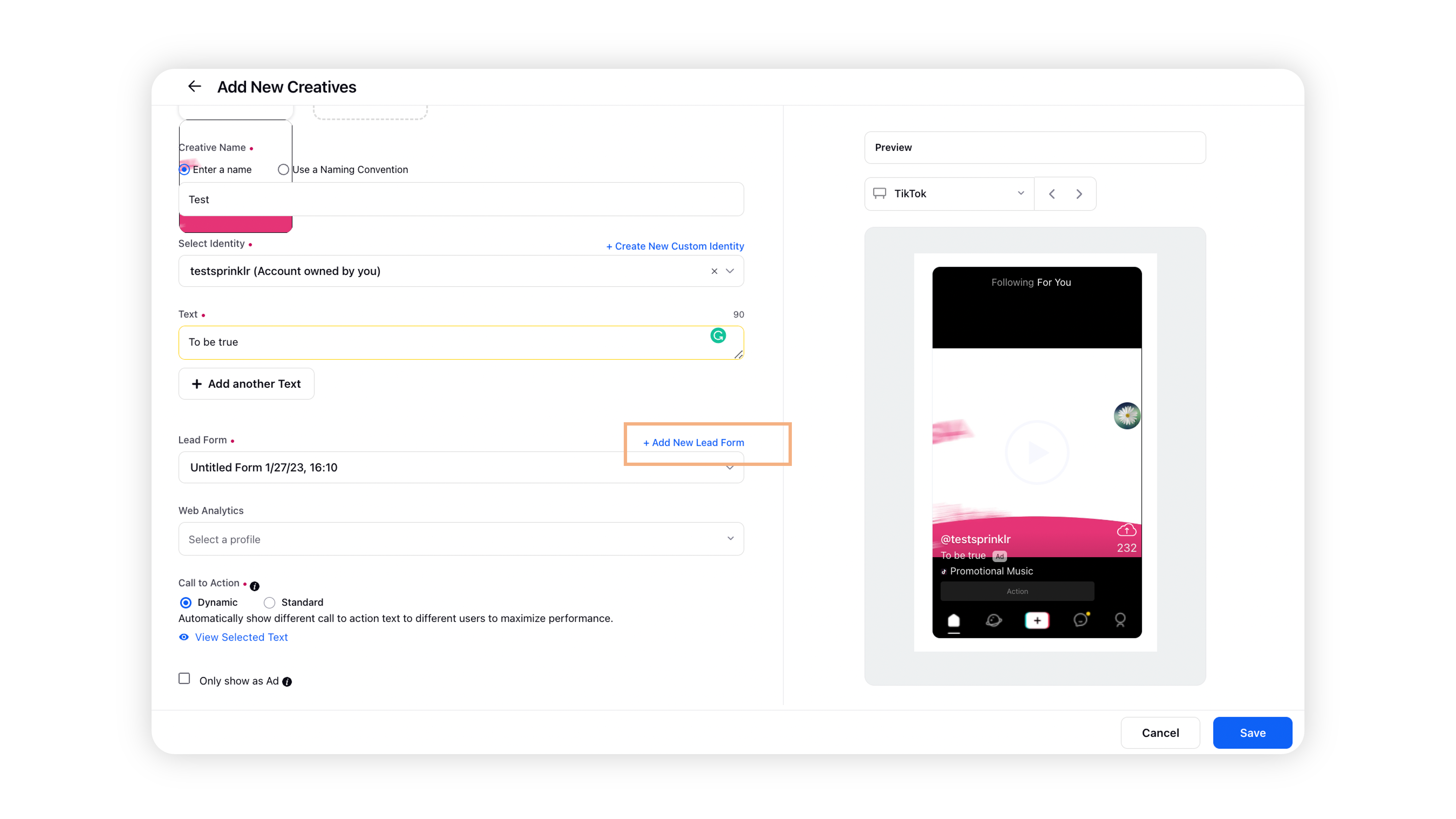 Creating a new Ad campaign for TikTok form
