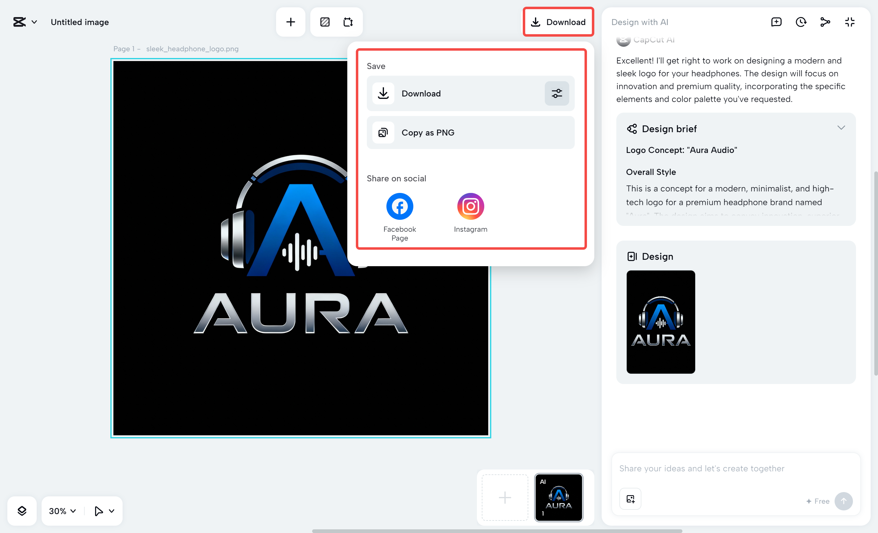 Dina-download ang logo na binuo ng AI mula sa CapCut desktop video editor