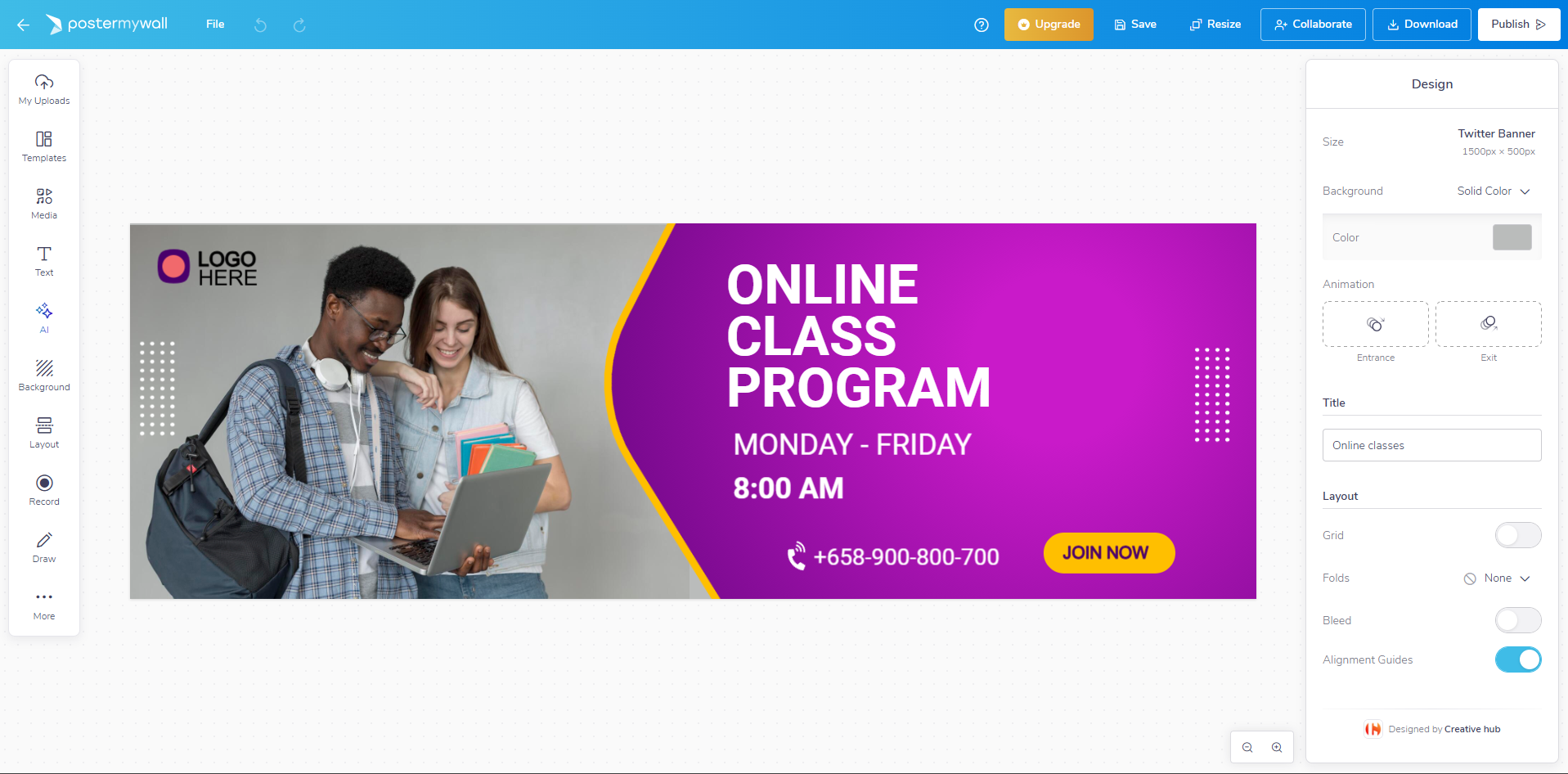 Interface of PosterMyWall - another free Twitter header maker