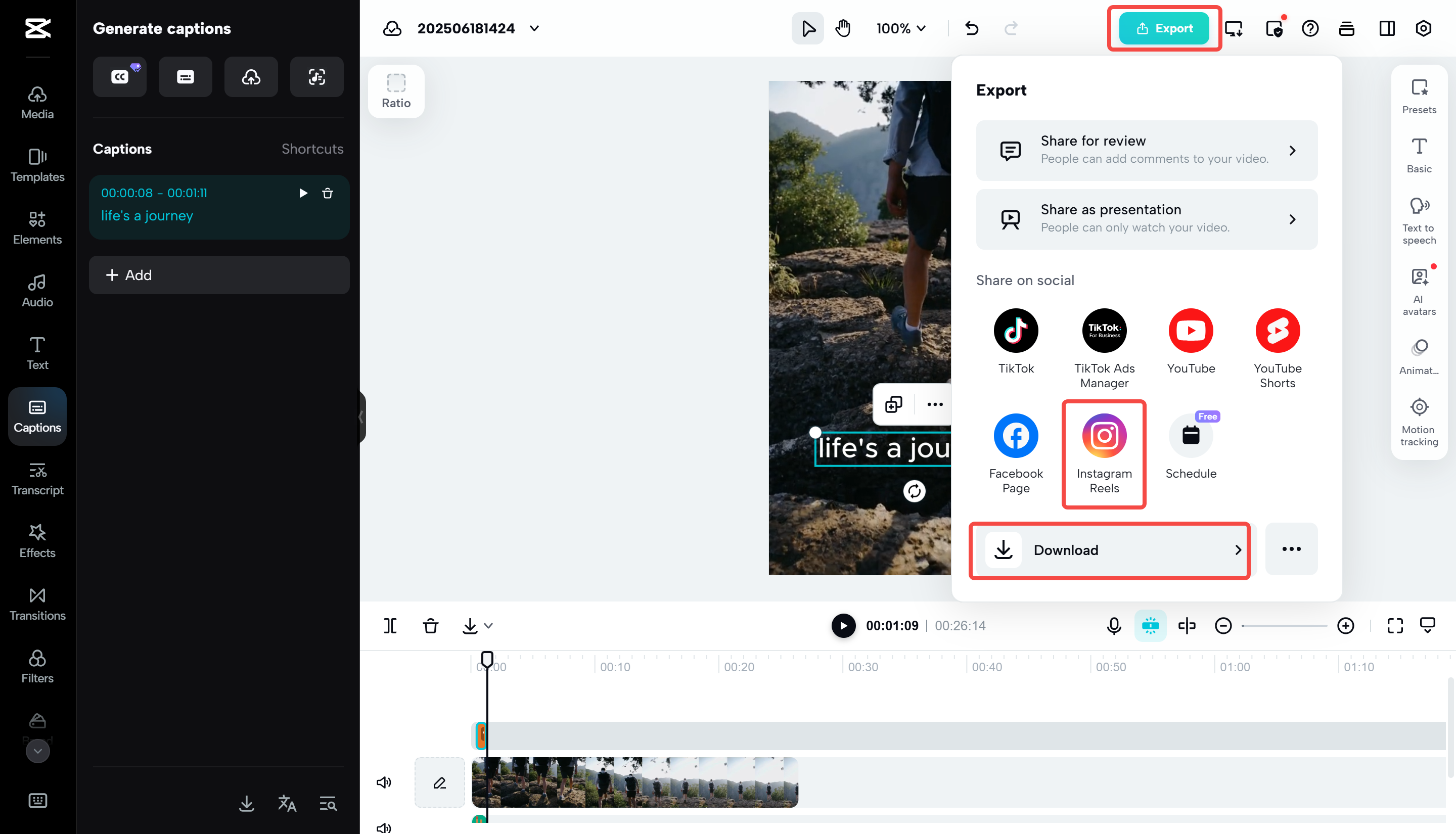 Mengeksport video daripada CapCut Web