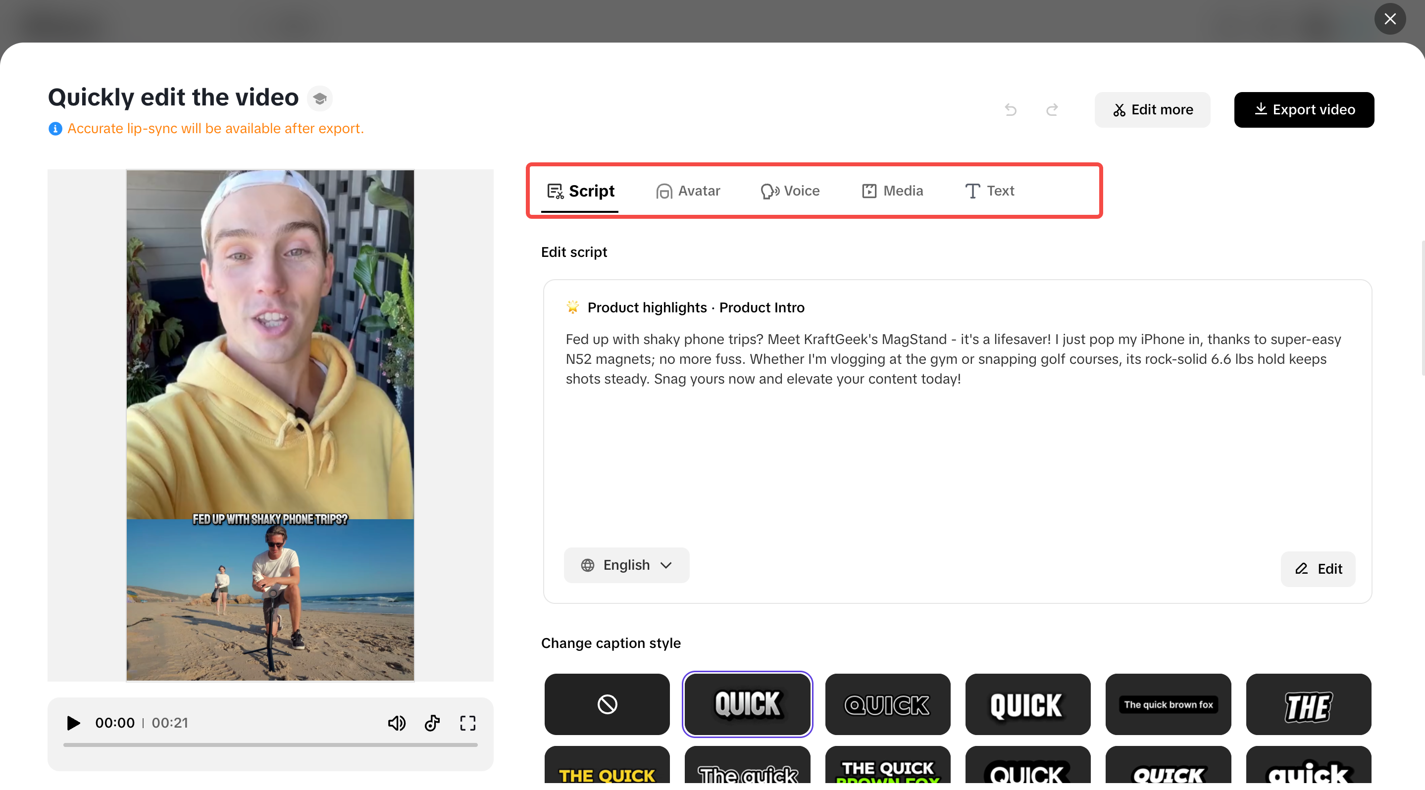 Modify script, avatar, voice, text and media