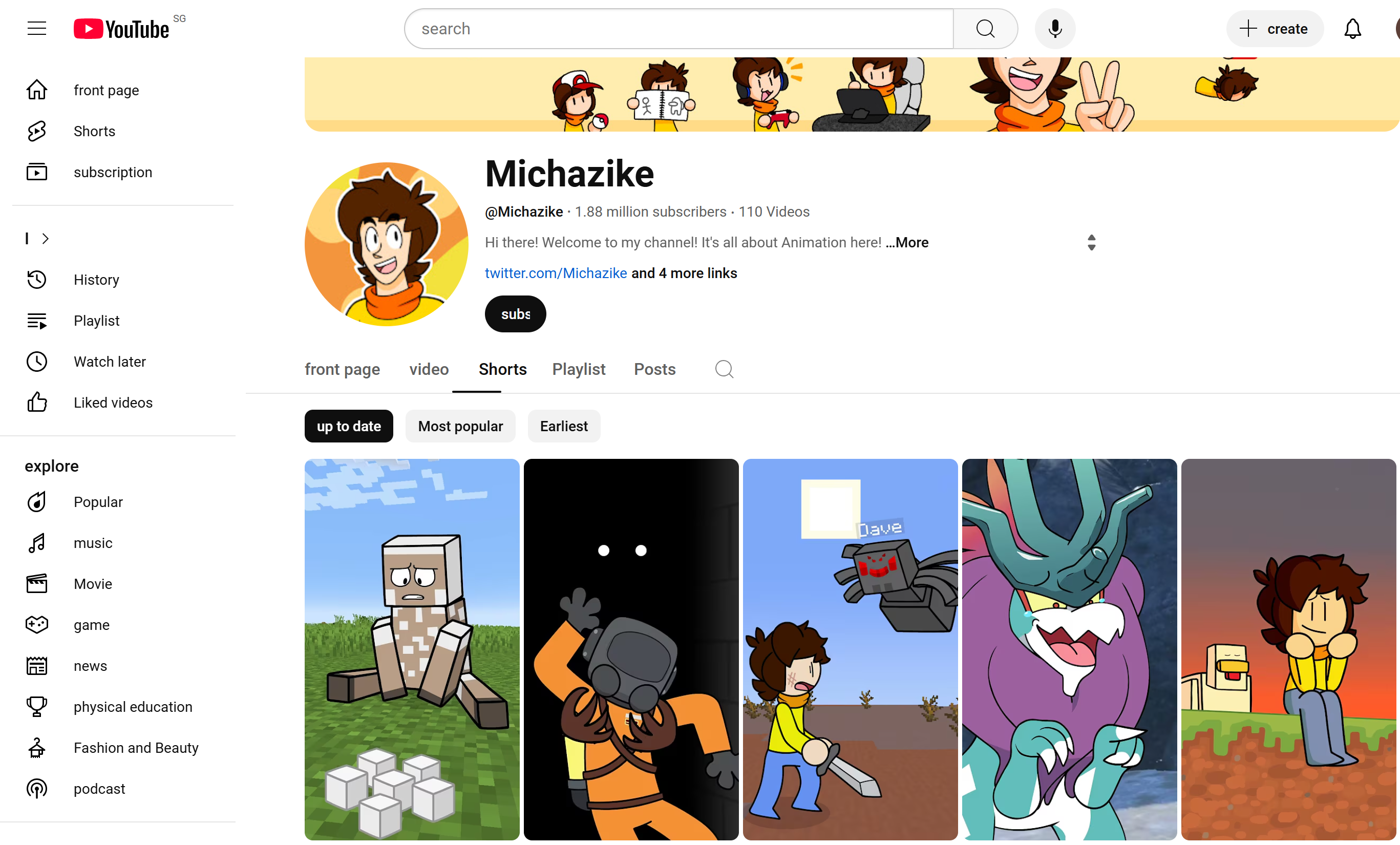 Michazike YouTube Minecraft Shorts channel with creative builds