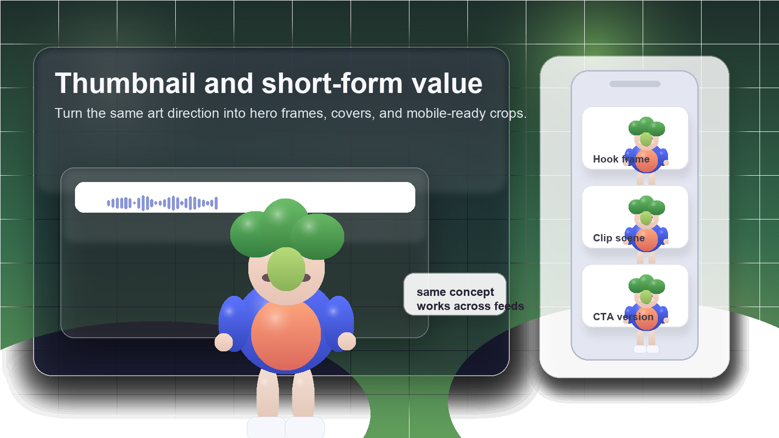 AI vegetable people concept reused across phone, poster, and desktop publishing surfaces