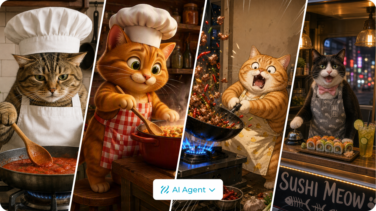 Entdecken Sie mehrere Ideen für Katzenkoch-Meme mit AI Agent