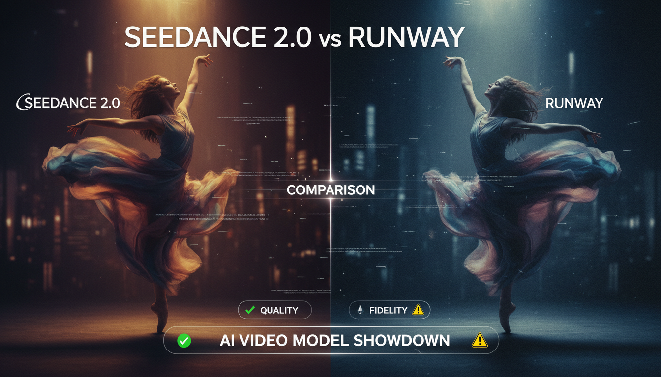 Héroe de pantalla dividida comparando Seedance 2,0 vs Runway, gradación de color cinematográfica y realismo de movimiento resaltado.