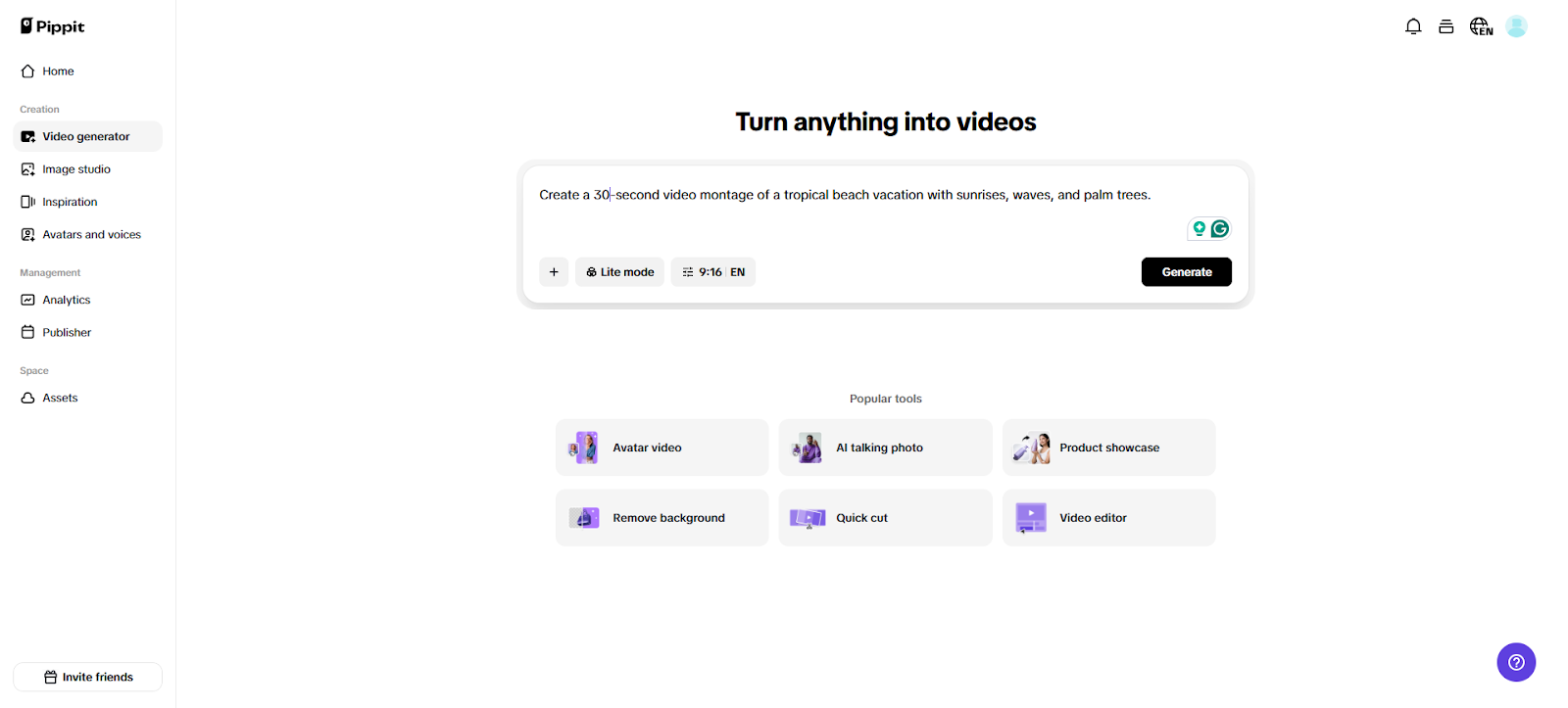 Access Pippit and enter text prompt
