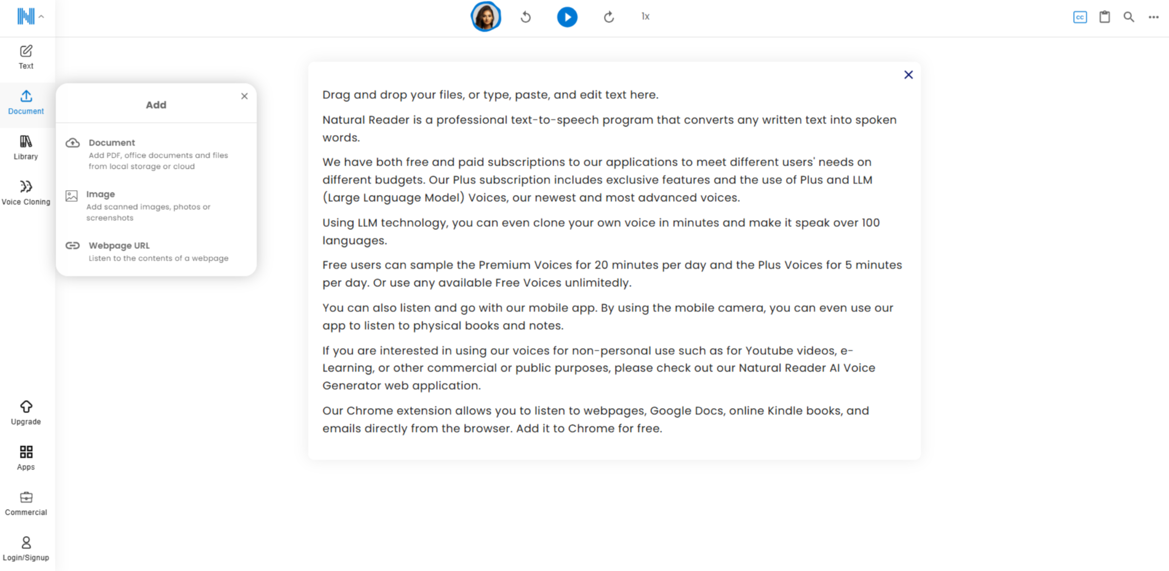 Interface of Natural Reader - an easy to use PDF to voice converter