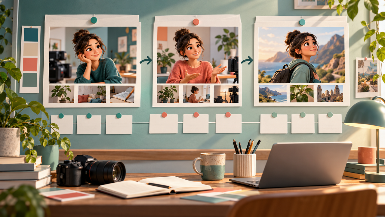 A recurring character across three episode boards with color swatches