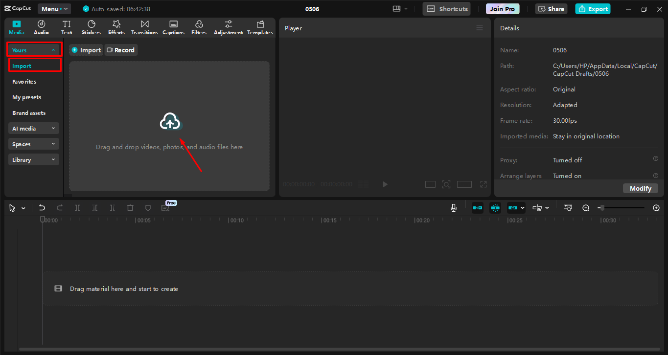 Uploading the video to the CapCut desktop video editor