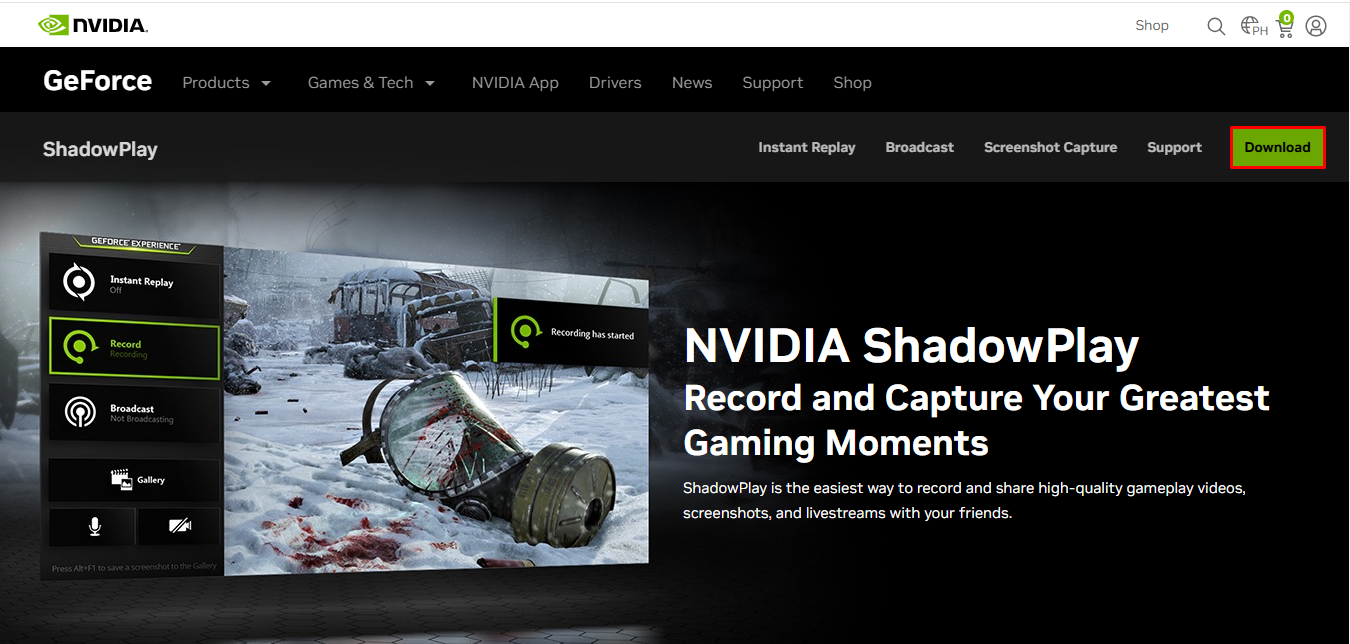 The interface of NVIDIA ShadowPlay - a free 4k screen recorder for PC