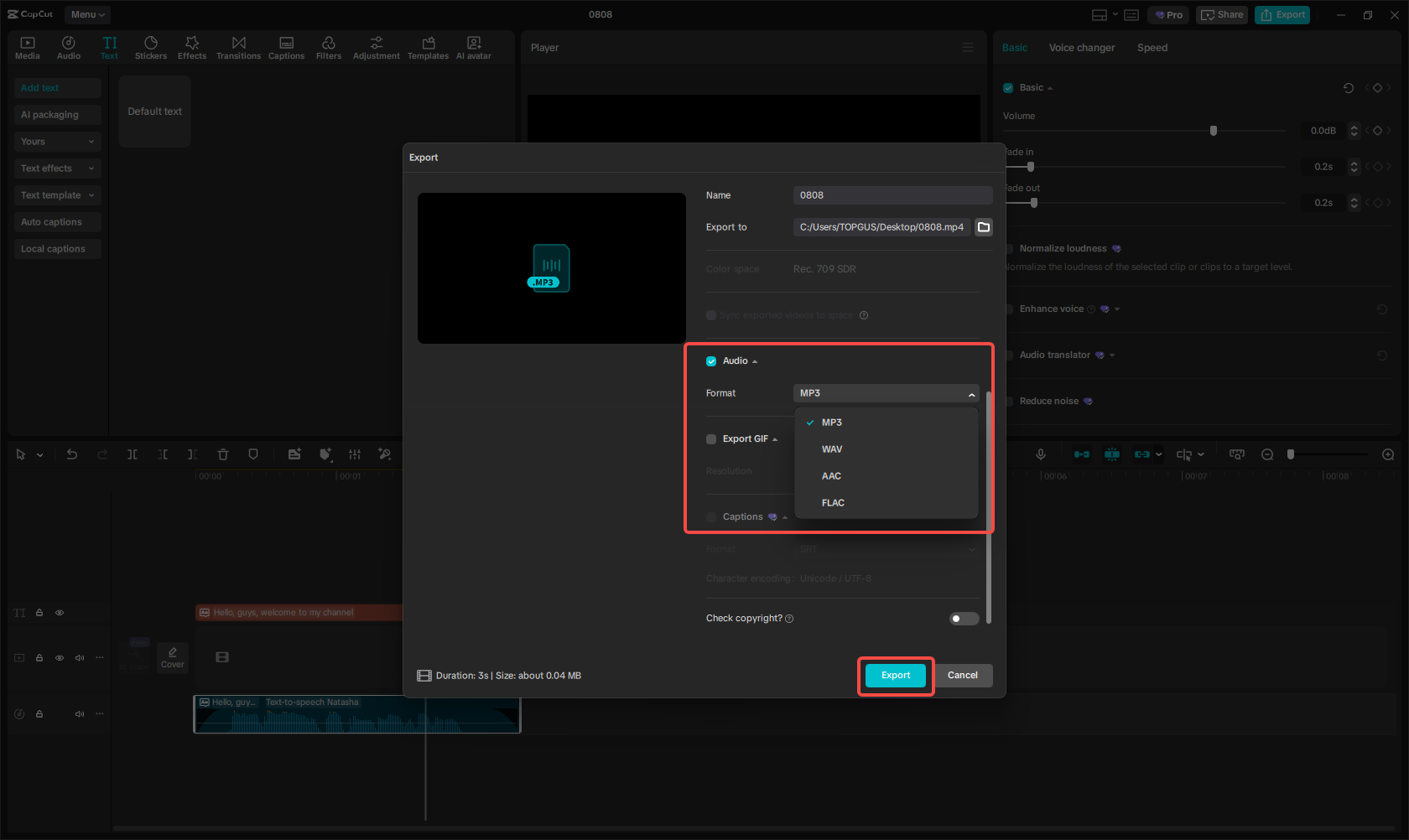 Export the AI voice chat audio file
