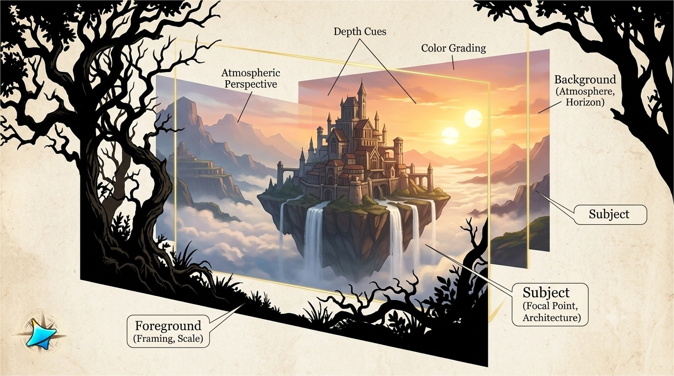 Dreamina AI generating fantasy landscapes with epic vistas, floating citadels, bioluminescent forests, and layered worldbuilding for games and books.