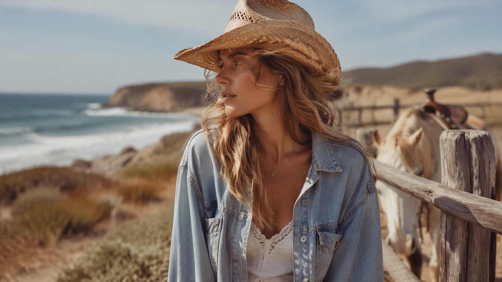 Dreamina Coastal Cowgirl Aesthetic prompt halimbawa 3: Seaside Ranch Portrait