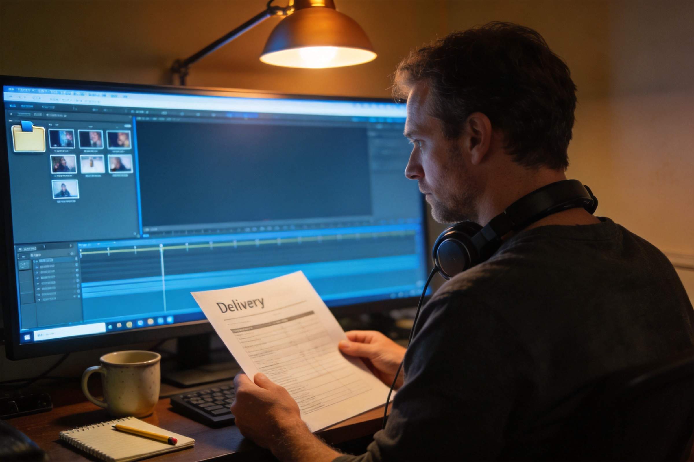 Man reviewing a delivery checklist beside a video editing timeline on a large monitor