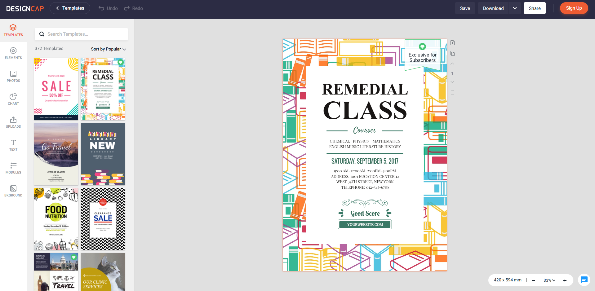 Interfaz de DesignCap: otro creador de carteles gratuito para escuelas