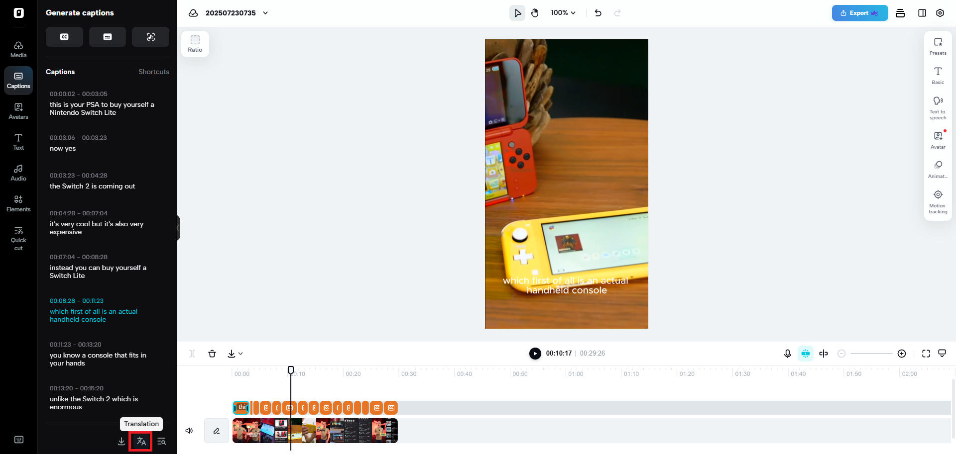 Translate your captions from one language to another
